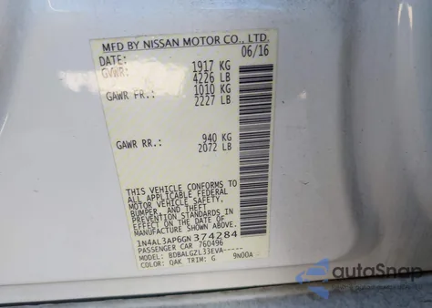 2016 Nissan Altima 2.5/2.5 S/2.5 Sl/2.5 Sr/2.5 Sv из США, поврежденный, VIN 1N4AL3AP6GN374284